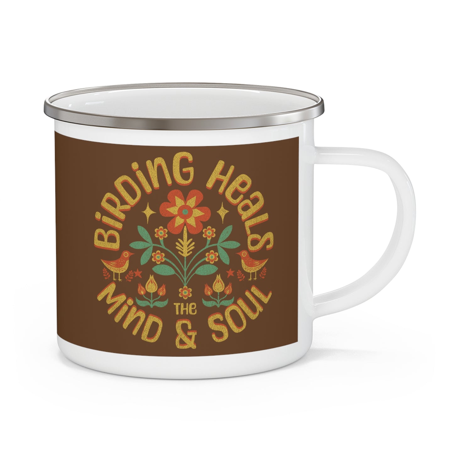 Birding Heals The Mind & Soul Vintage Enamel Camping Mug - Perfect for Outdoor Adventures & Cozy Moments