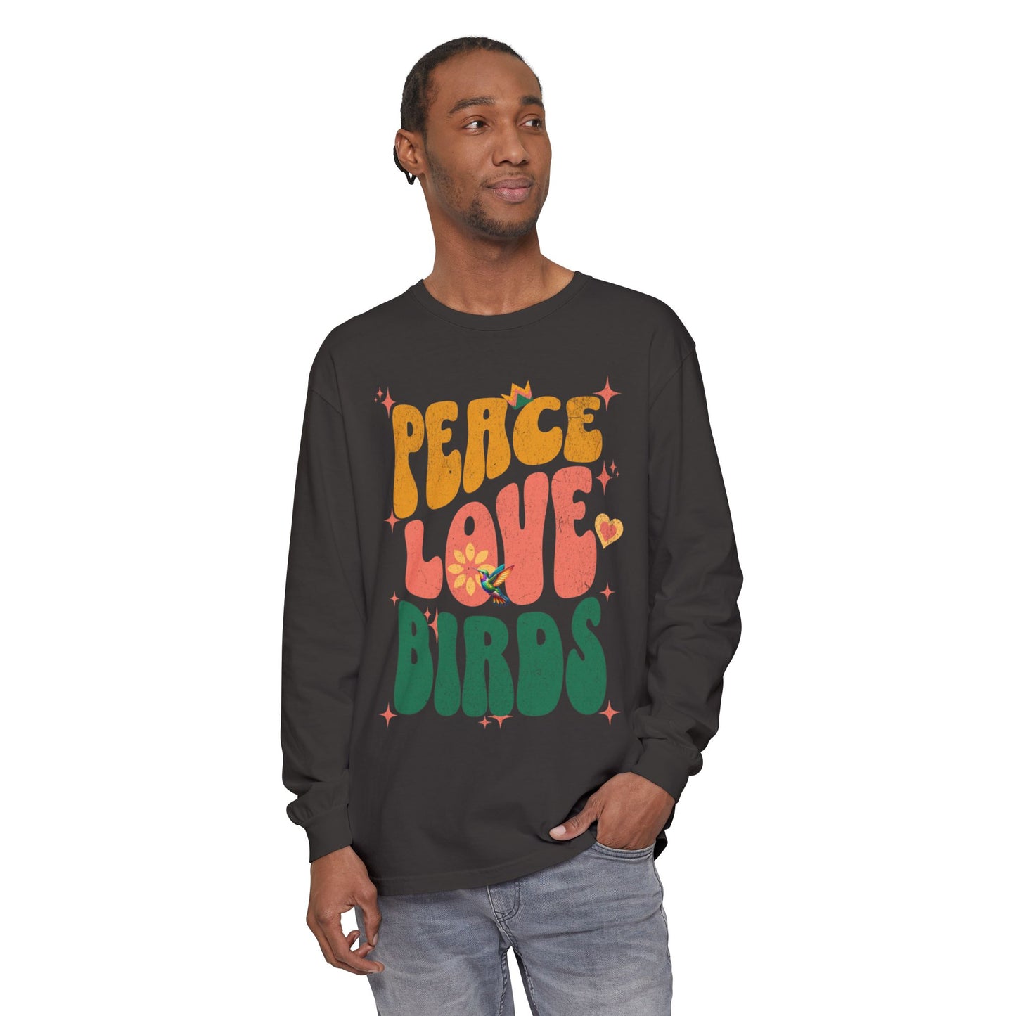 Peace Love Birds Long Sleeve T-Shirt - Unisex Garment-Dyed Tee for Relaxed Vibes