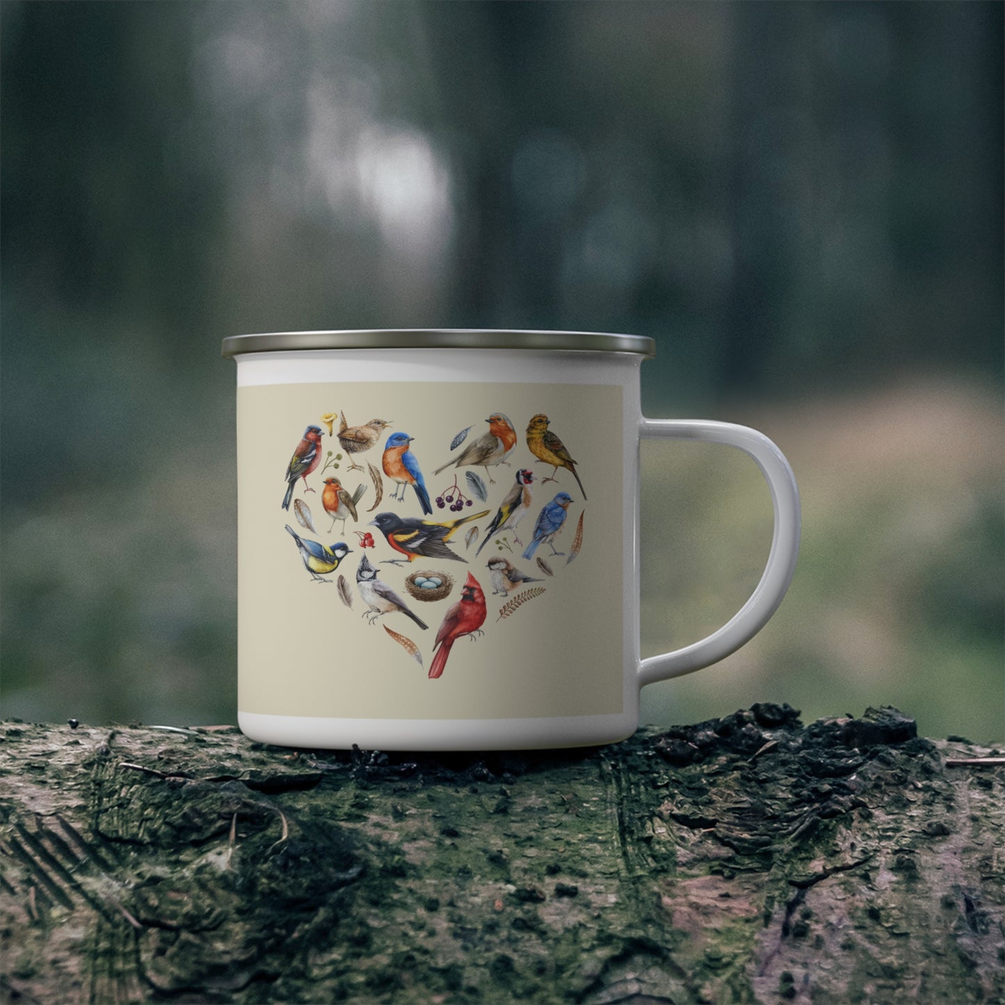 Heart of Birds Enamel Camping Mug - Nature Lover Gift, Outdoor Adventure Drinkware