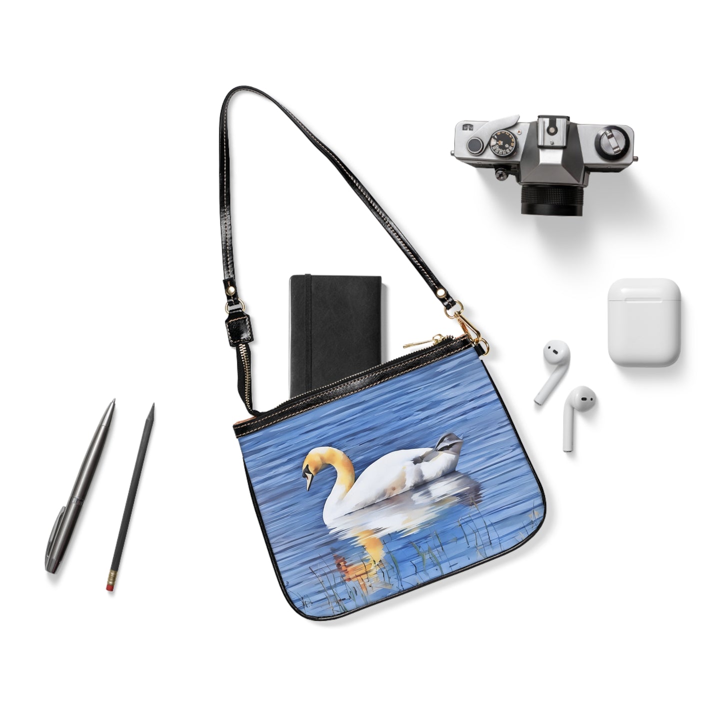 Swan Print Small Shoulder Bag, Stylish Mini Purse for Every Day, Boho Accessories, Summer Outing, Nature Lover Gift, Eco-Friendly