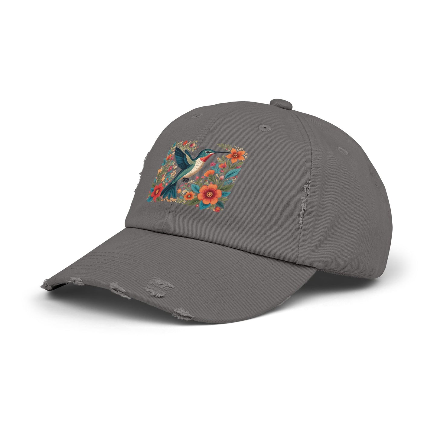 Hummingbird In Bloom Vintage Style Hat - Unisex Distressed Cap