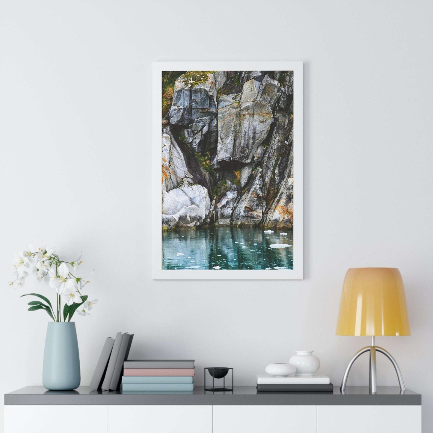 Serene Nature Framed Vertical Poster - Coastal Rock Reflection Art