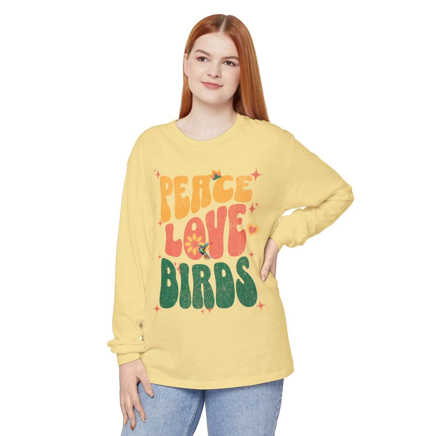 Peace Love Birds Long Sleeve T-Shirt - Unisex Garment-Dyed Tee for Relaxed Vibes