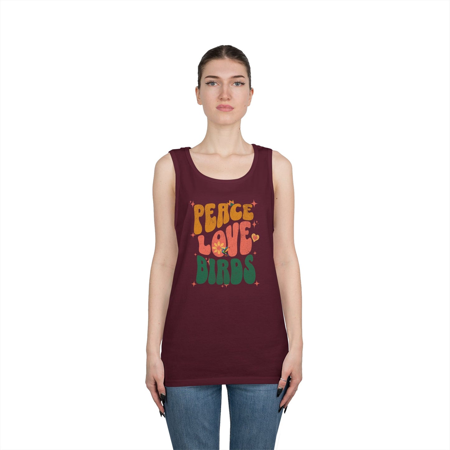 The Nerdy Birder Peace Love Birds Tank Top, Gift for Bird Lovers, Unisex Summer Wear, Fun Casual Tank