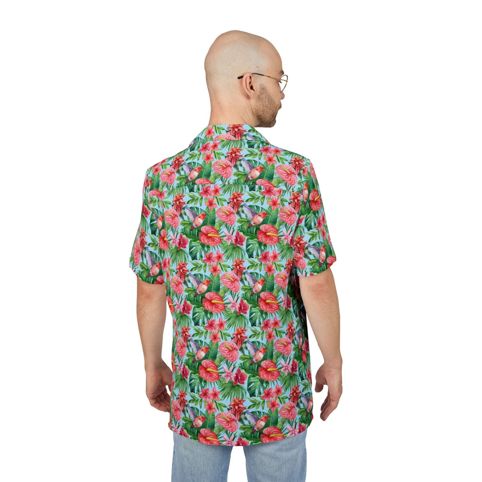 The Nerdy Birder - Tropical Hummingbird Button-Down Shirt, Summer Shirt, Hawaiian Shirt, Beachwear, Vacation Essentials, Casual Outfit
