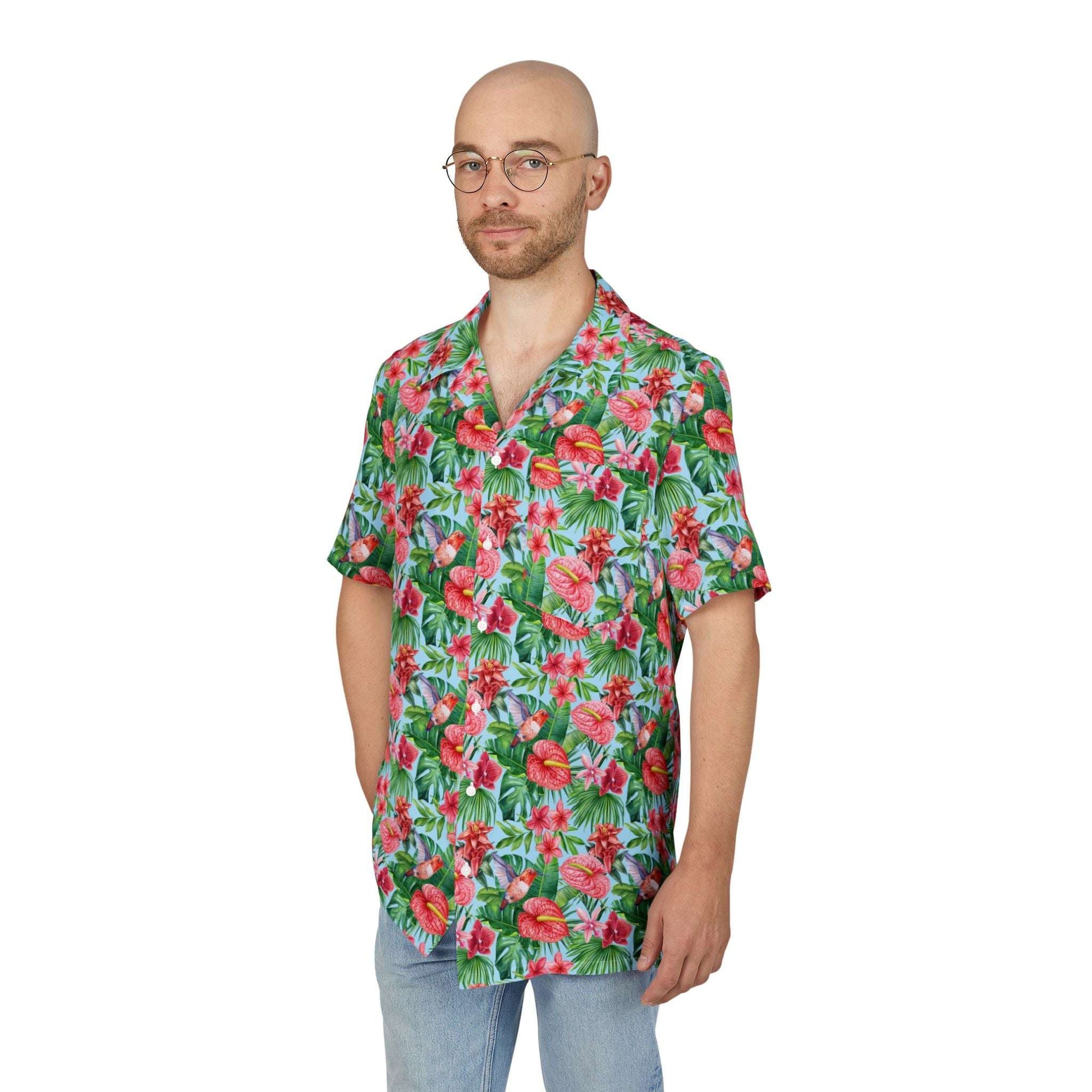 The Nerdy Birder - Tropical Hummingbird Button-Down Shirt, Summer Shirt, Hawaiian Shirt, Beachwear, Vacation Essentials, Casual Outfit
