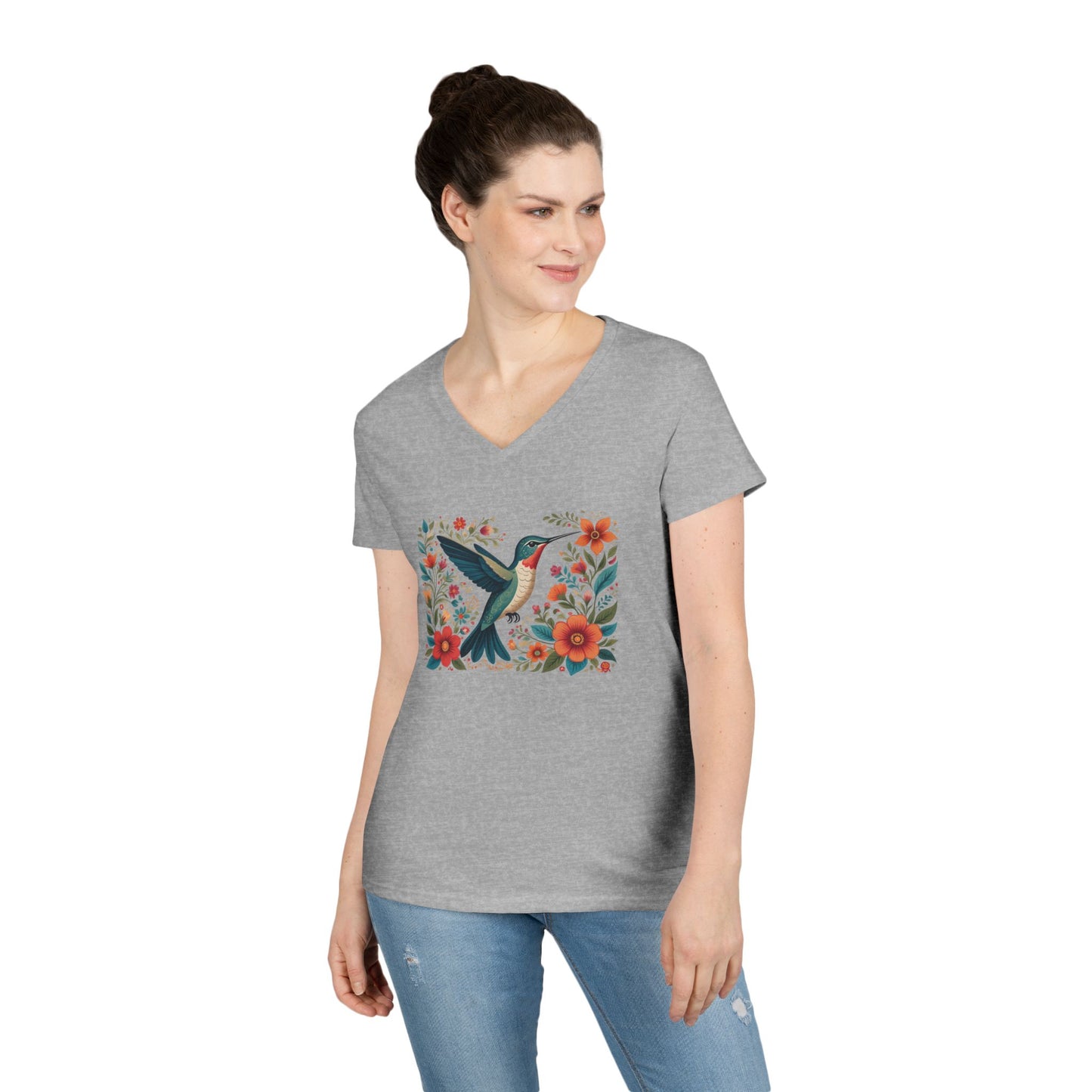Hummingbird Blooms Ladies' V-Neck T-Shirt