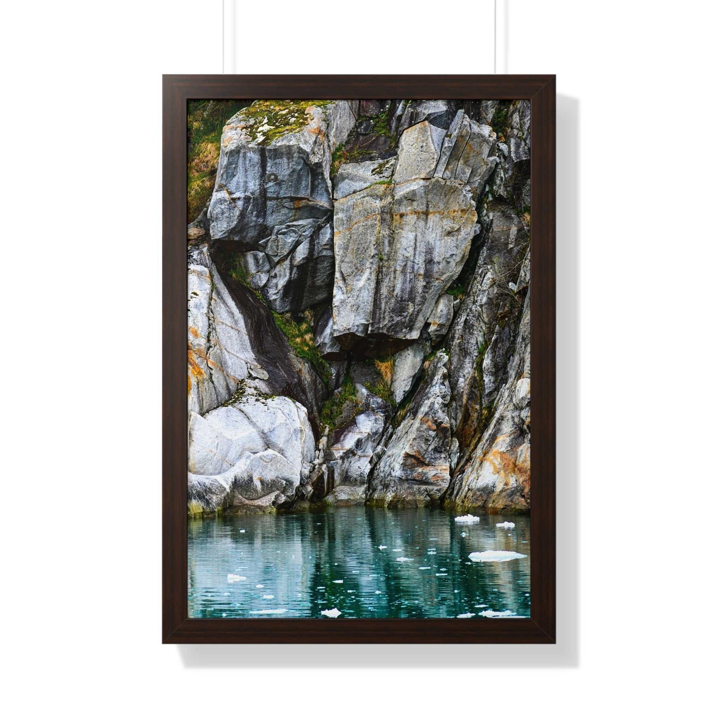Serene Nature Framed Vertical Poster - Coastal Rock Reflection Art