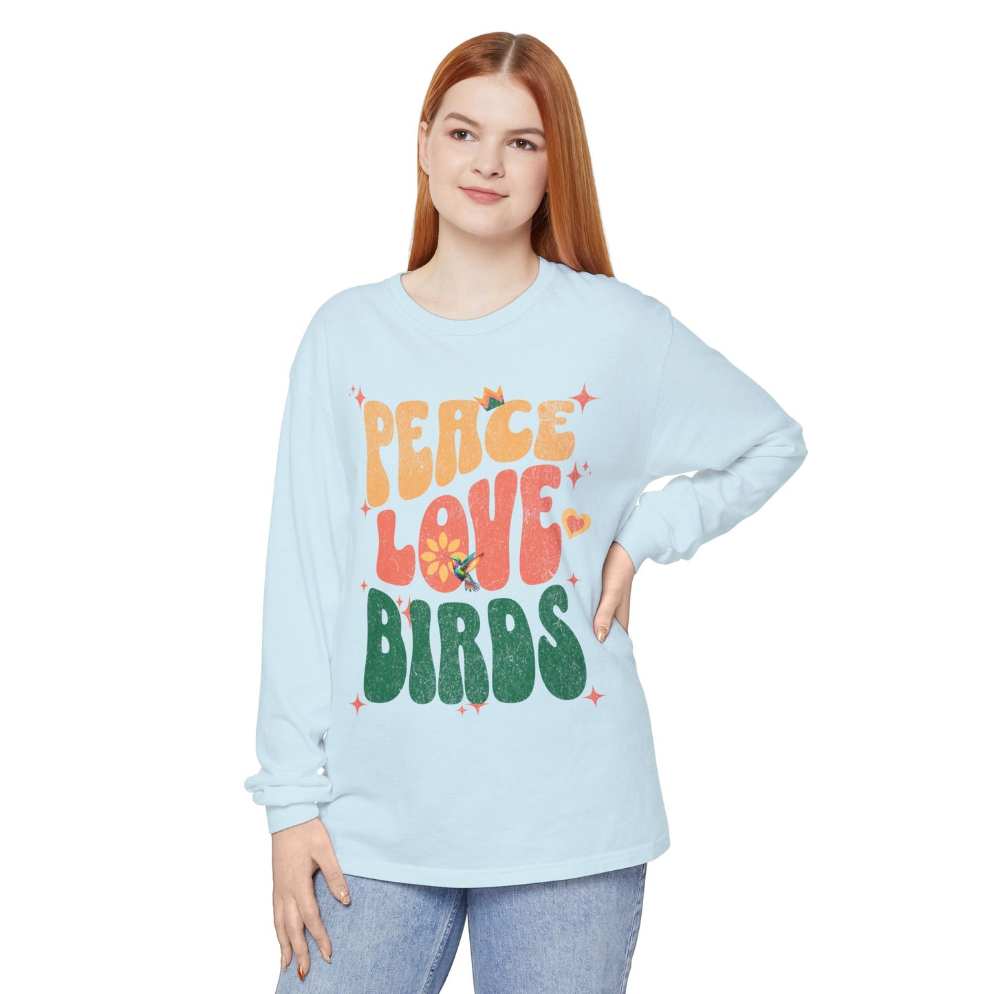 Peace Love Birds Long Sleeve T-Shirt - Unisex Garment-Dyed Tee for Relaxed Vibes