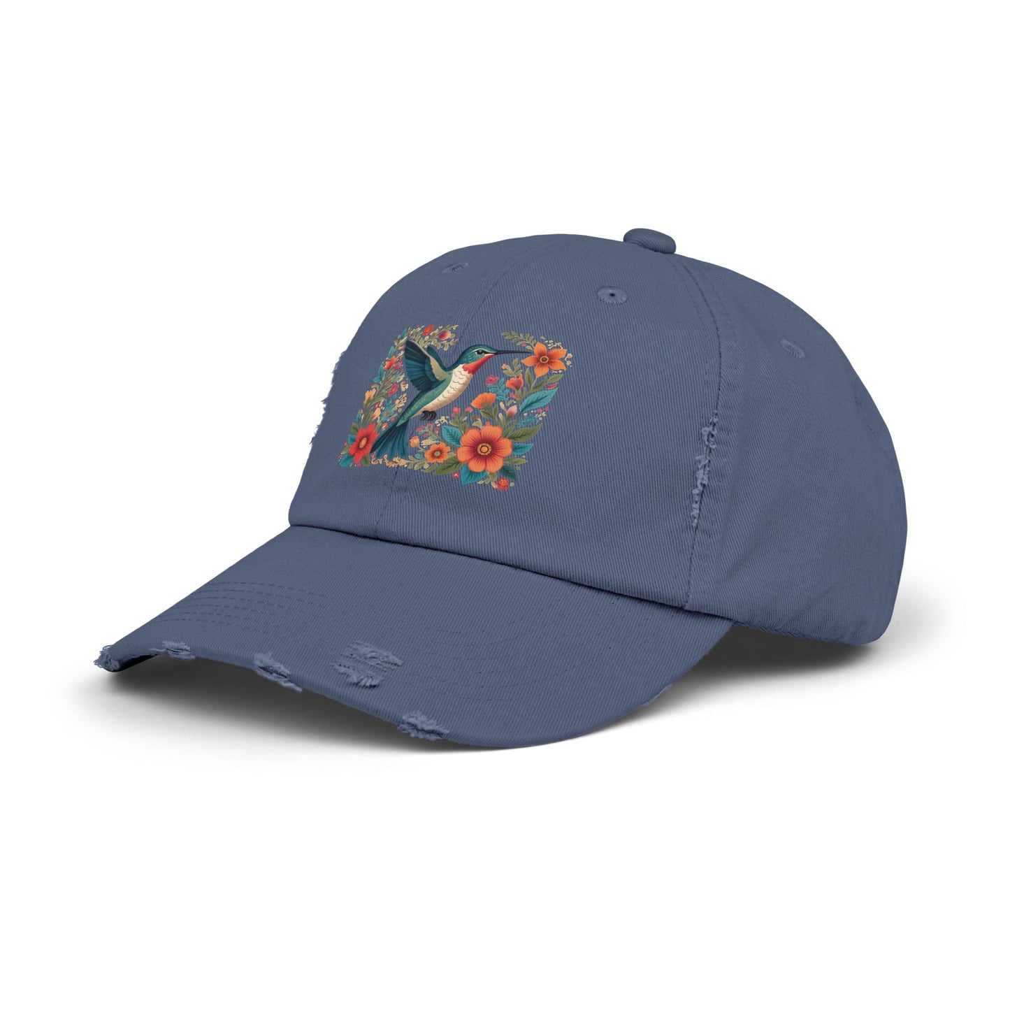 Hummingbird In Bloom Vintage Style Hat - Unisex Distressed Cap