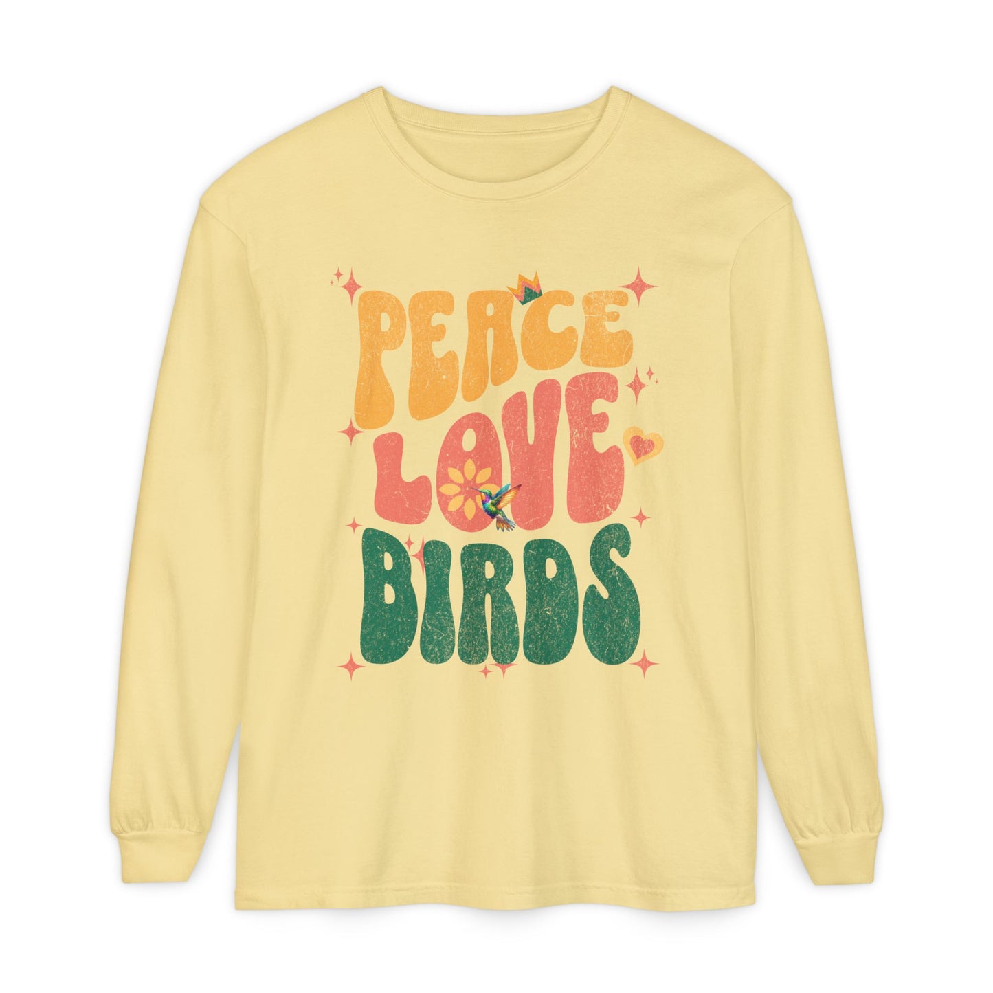 Peace Love Birds Long Sleeve T-Shirt - Unisex Garment-Dyed Tee for Relaxed Vibes
