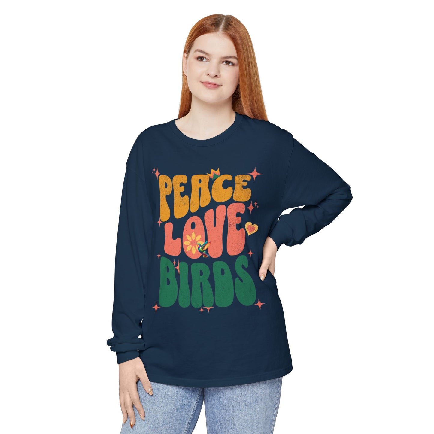 Peace Love Birds Long Sleeve T-Shirt - Unisex Garment-Dyed Tee for Relaxed Vibes