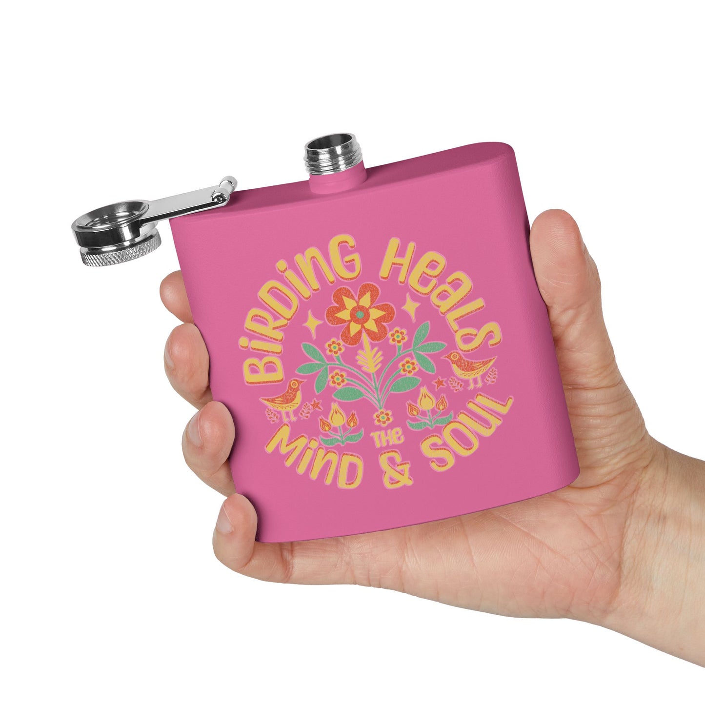 Birding Heals Birder Flask | Stainless Steel 6oz Hip Flask for Nature Lovers, Outdoor Adventures, Gifts for Birders, Hiking Accessory