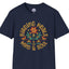 Navy blue t-shirt with colorful graphic and text on a white background