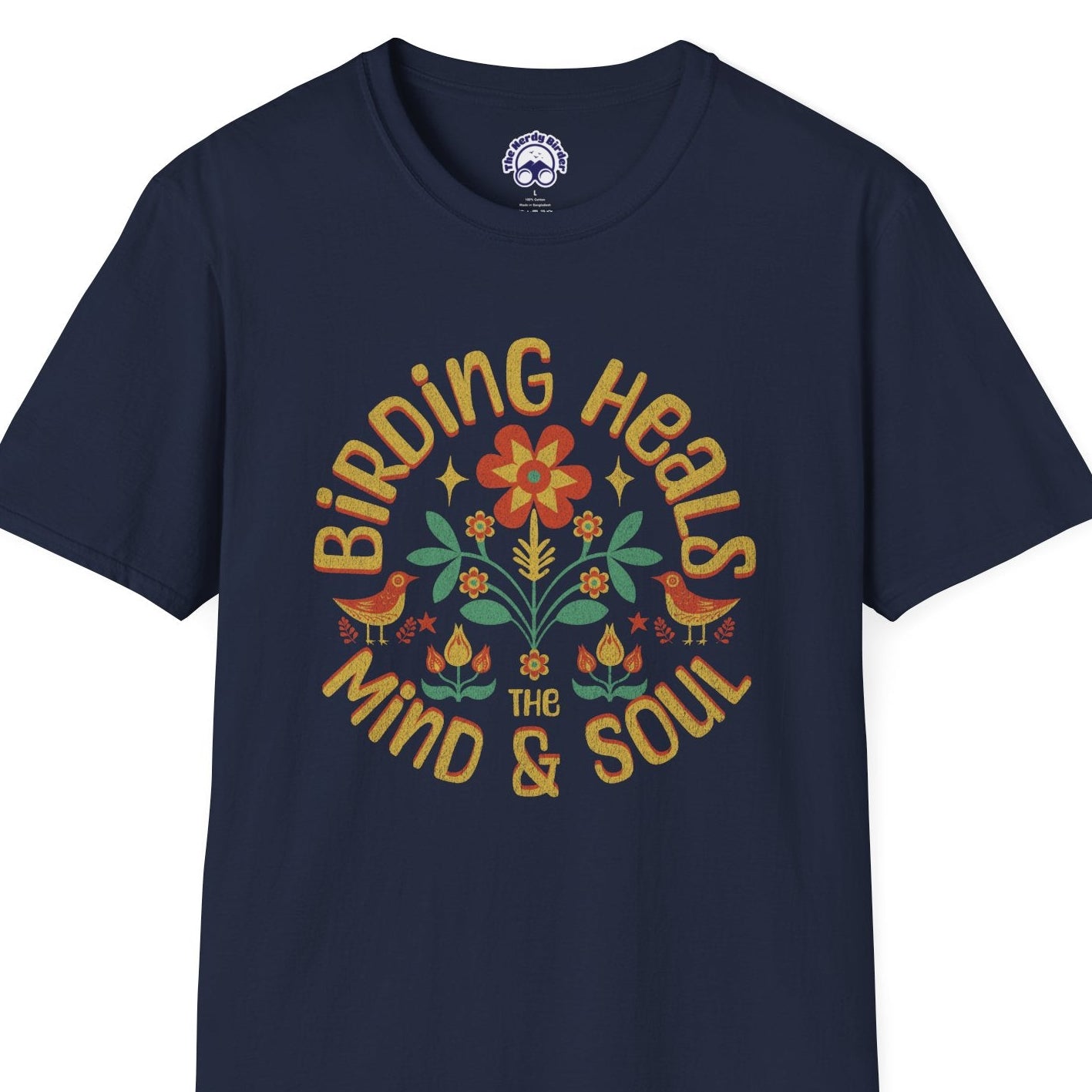Navy blue t-shirt with colorful graphic and text on a white background