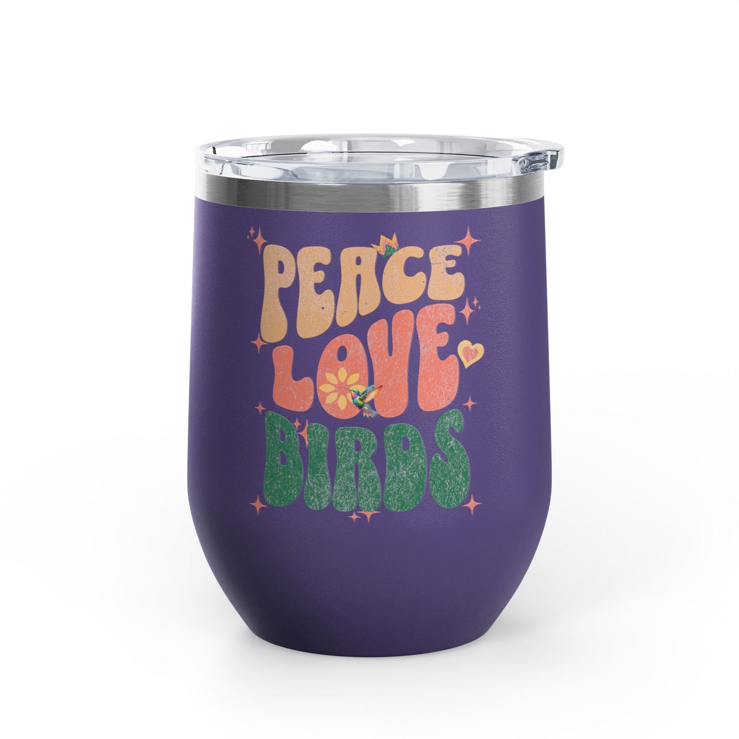 Peace Love Birds Wine Tumbler - 12oz Insulated Cup for Nature Lovers