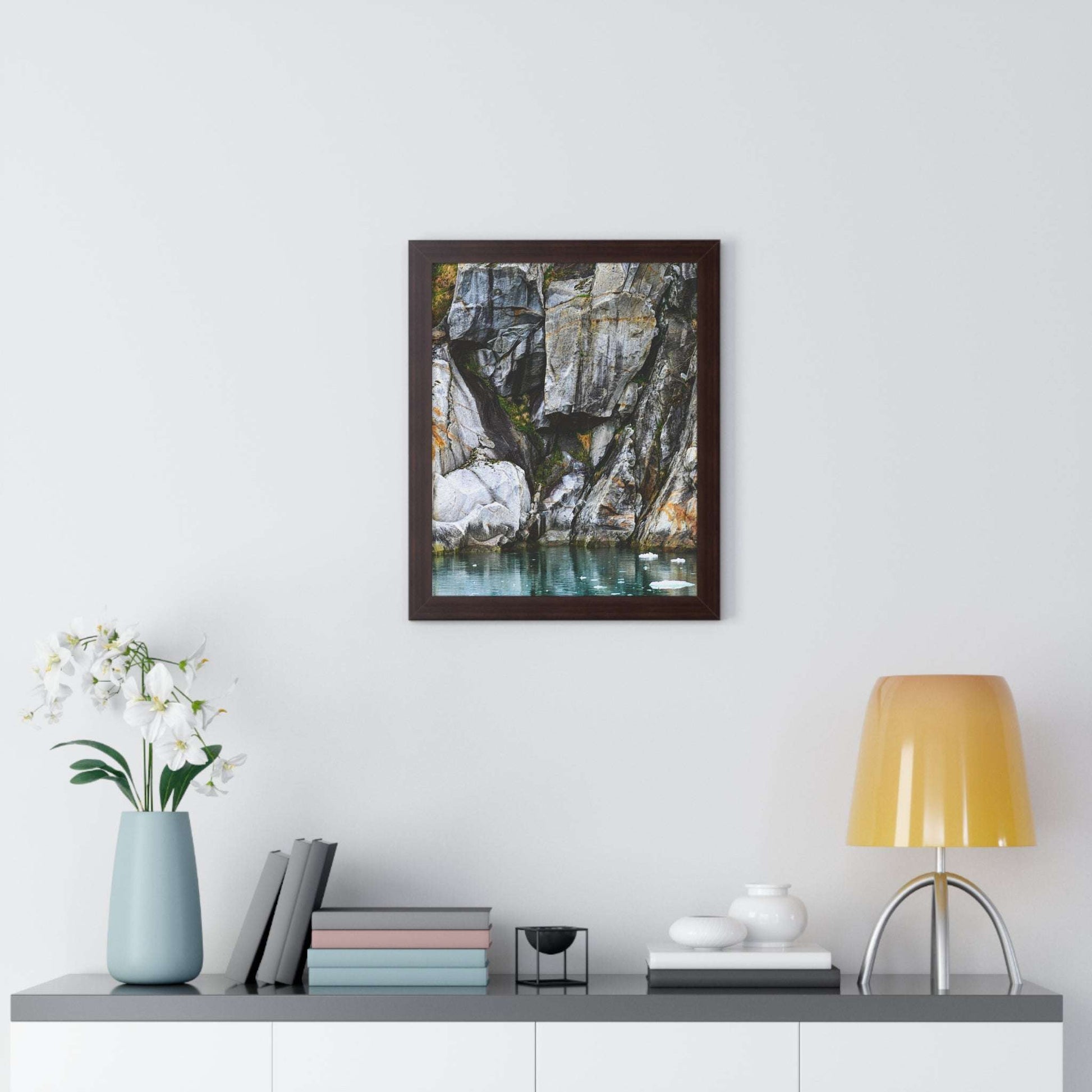 Serene Nature Framed Vertical Poster - Coastal Rock Reflection Art