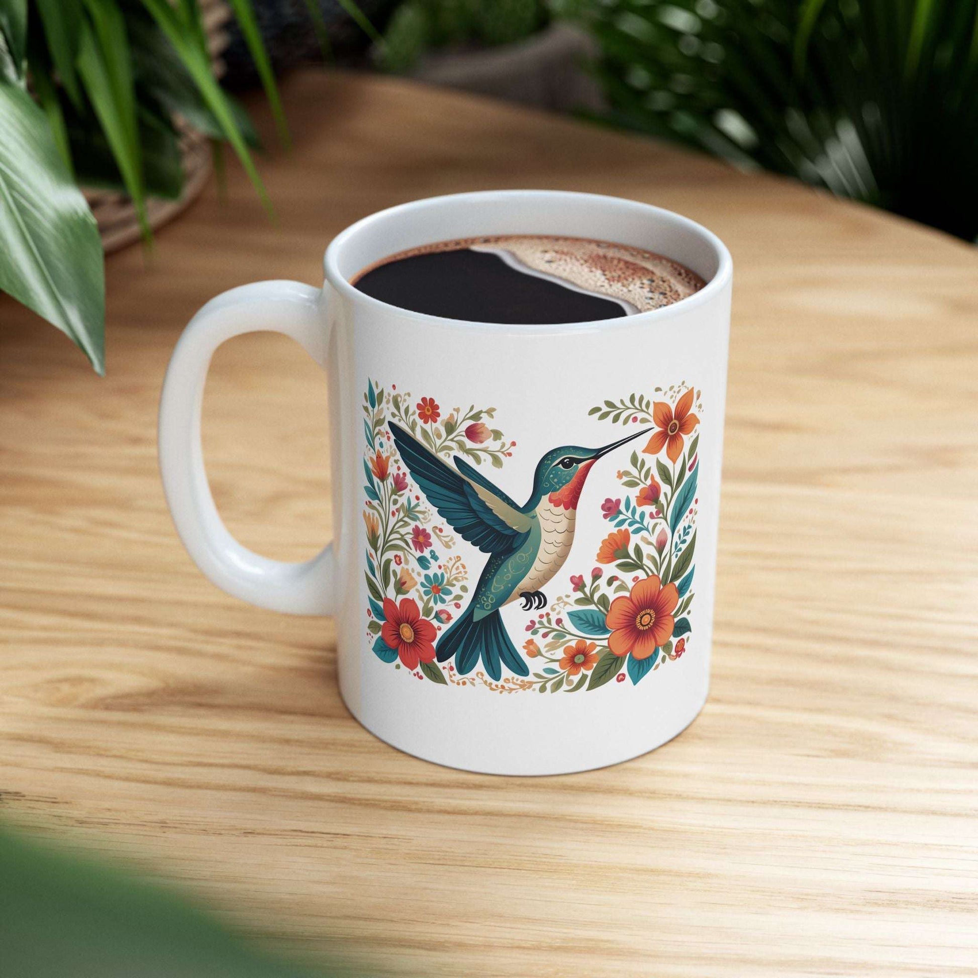 Hummingbird in Bloom White Ceramic Mug