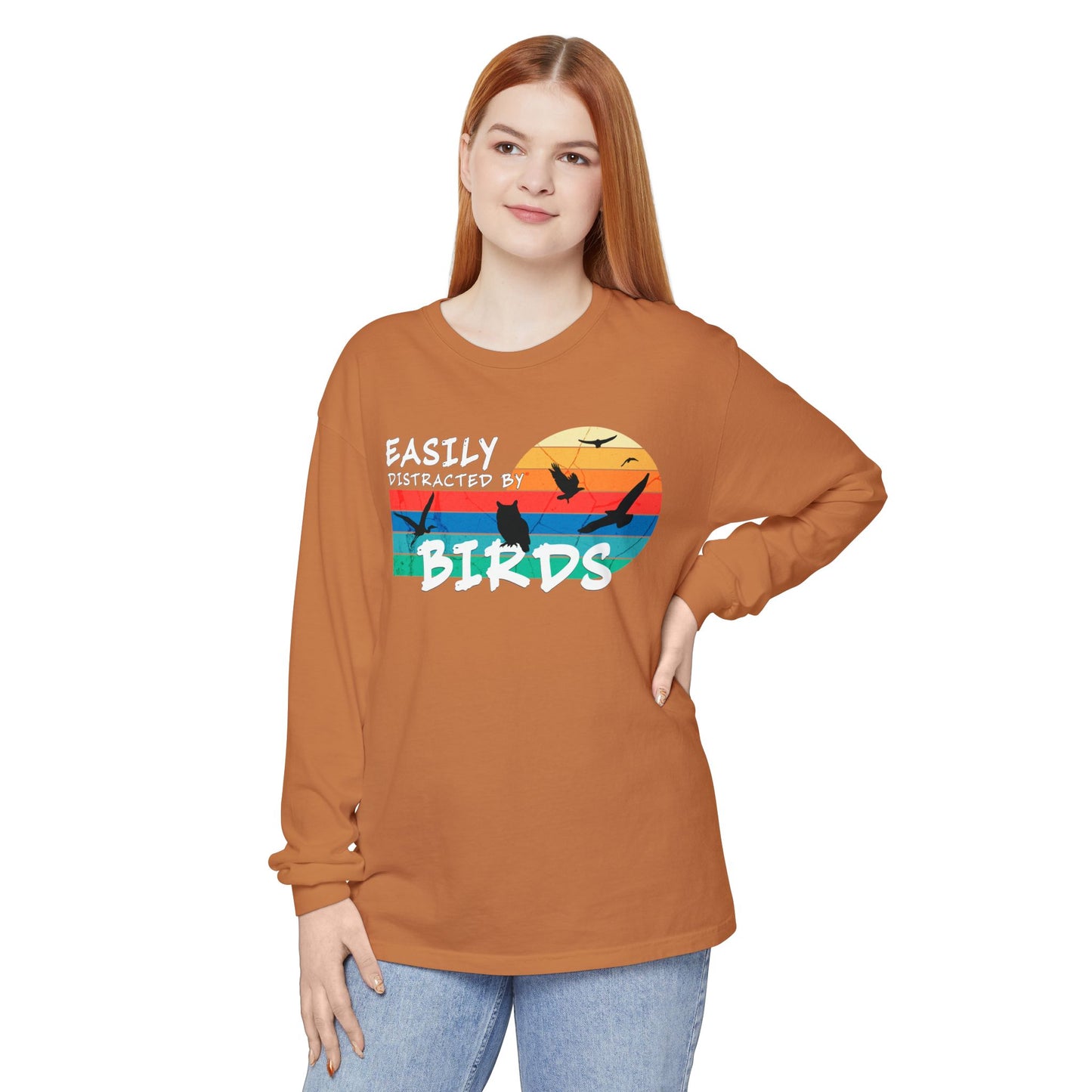 Easily Distracted by Birds Retro Sunset Long Sleeve Tee
