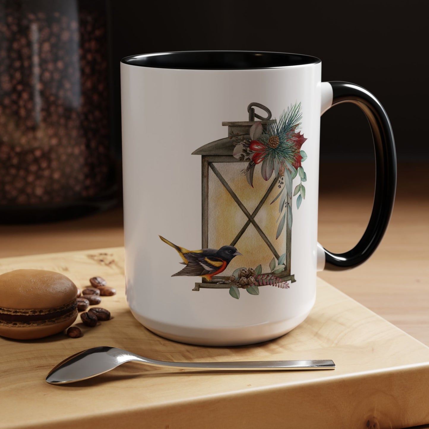 Cozy Christmas Lantern Accent Coffee Mug – Perfect Gift for Bird Lovers