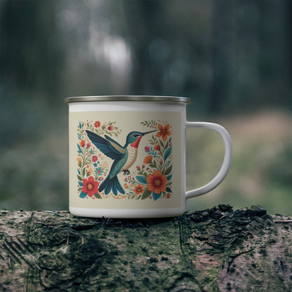 Hummingbird In Bloom Enamel Camping Mug - Nature Lover Gift, Outdoor Adventure Drinkware