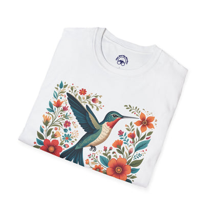Hummingbird in Bloom – Artistic Nature Unisex Softstyle T-Shirt