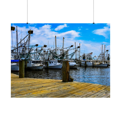 Nautical Matte Horizontal Poster - Serene Harbor Dock Scene with Fishing Boats
