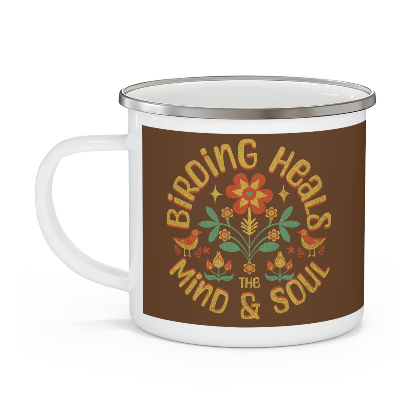 Birding Heals The Mind & Soul Vintage Enamel Camping Mug - Perfect for Outdoor Adventures & Cozy Moments