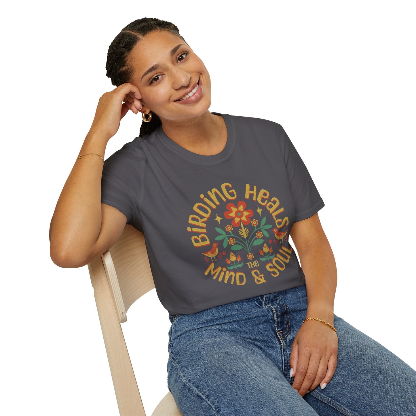 Birding Heals the Mind & Soul – Bird Lover Folk Art T-Shirt