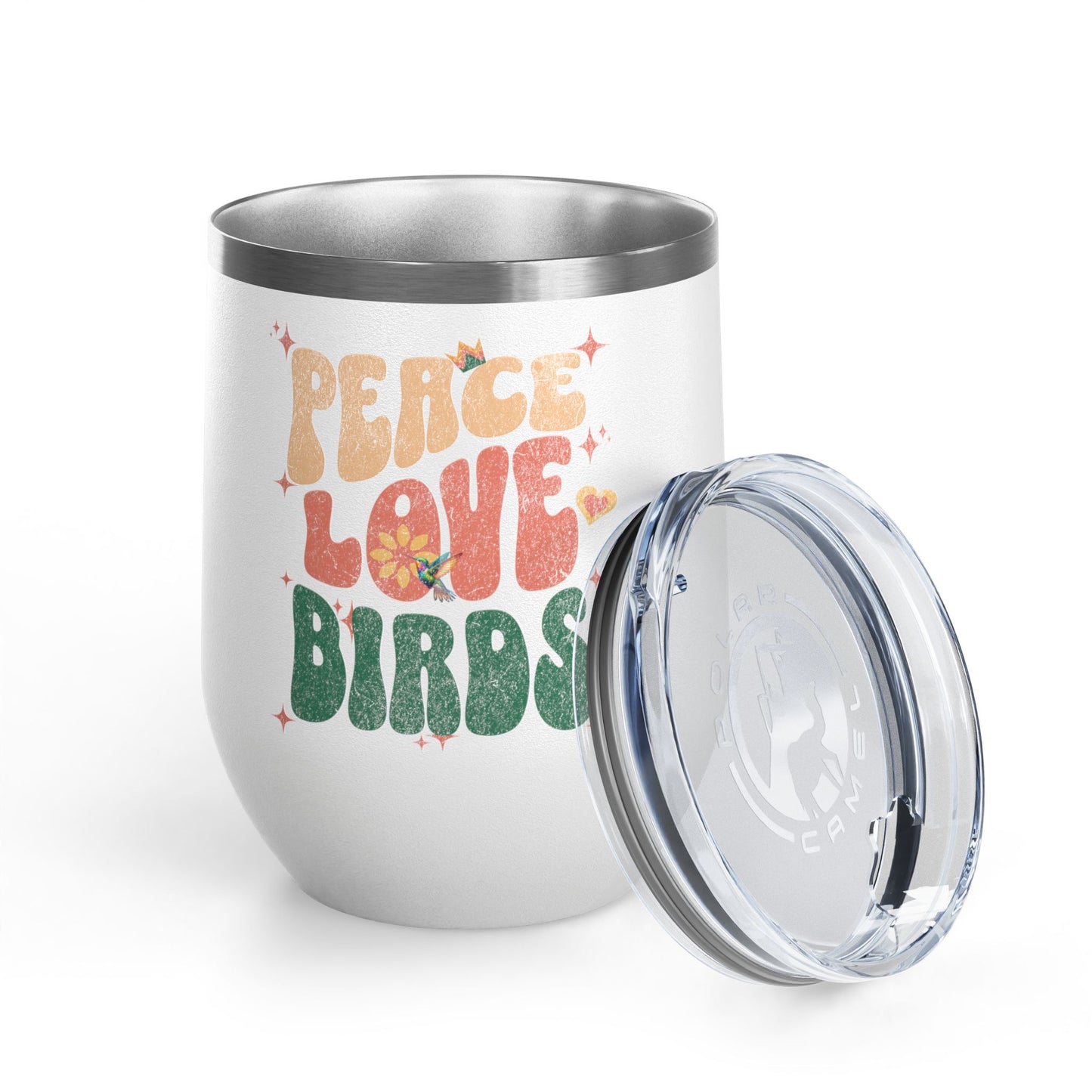 Peace Love Birds Wine Tumbler - 12oz Insulated Cup for Nature Lovers