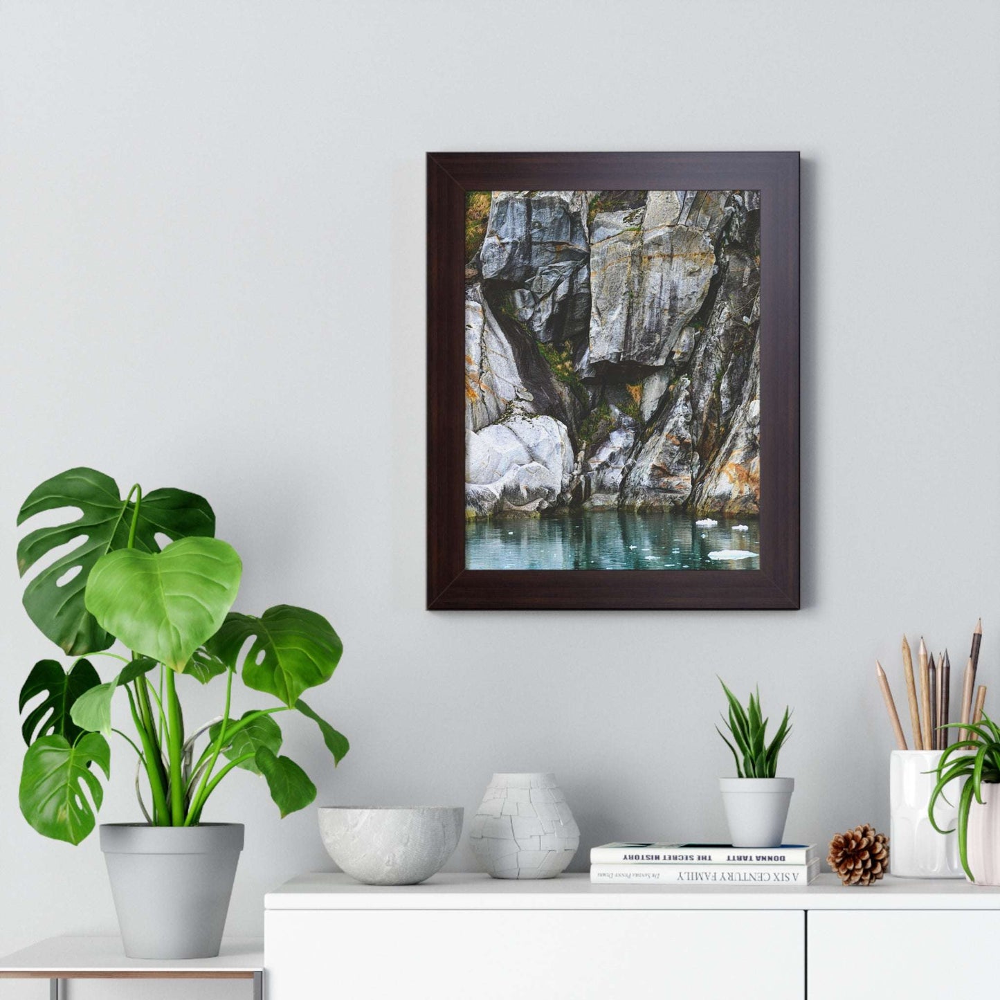 Serene Nature Framed Vertical Poster - Coastal Rock Reflection Art