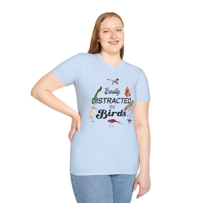 Easily Distracted by Birds T-Shirt - Unisex Softstyle Tee for Bird Lovers