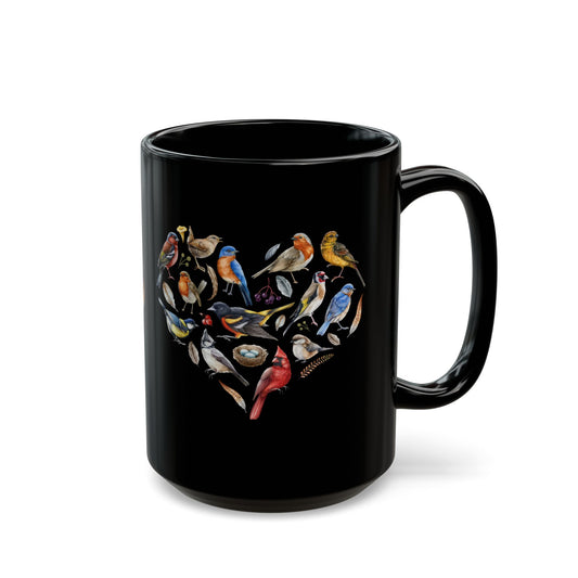 The Nerdy Birder Heart of Birds Stylish Glossy Ceramic Black Mug  11oz and 15oz