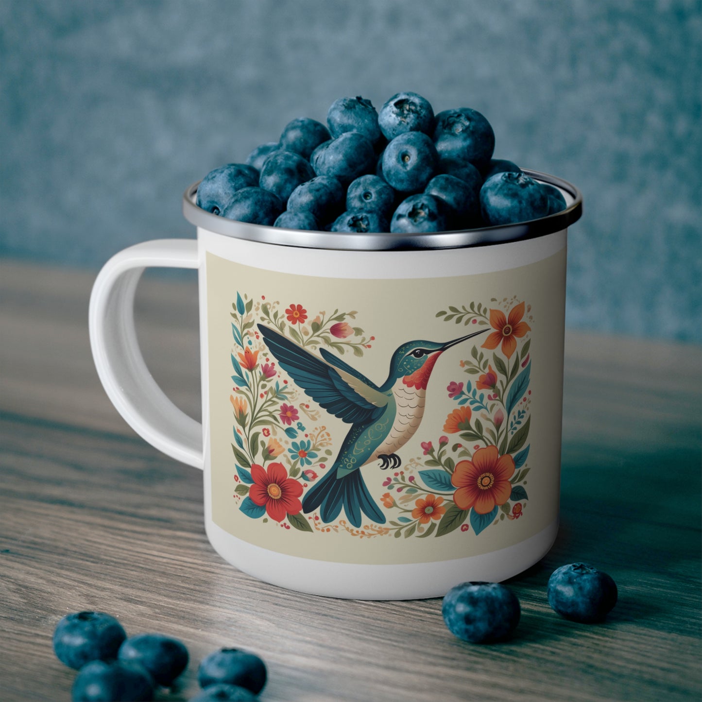 Hummingbird In Bloom Enamel Camping Mug - Nature Lover Gift, Outdoor Adventure Drinkware