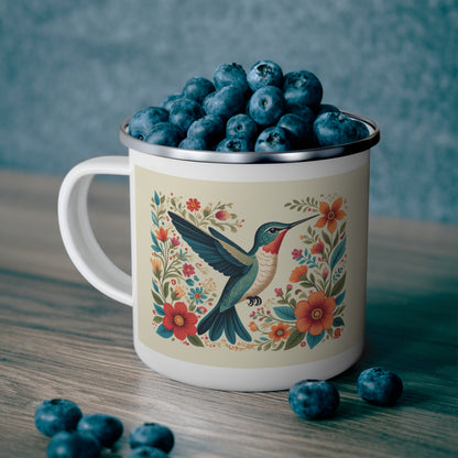Hummingbird In Bloom Enamel Camping Mug - Nature Lover Gift, Outdoor Adventure Drinkware