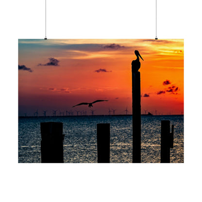 Scenic Matte Horizontal Poster - Serene Sunset with Pelicans and Wind Turbines