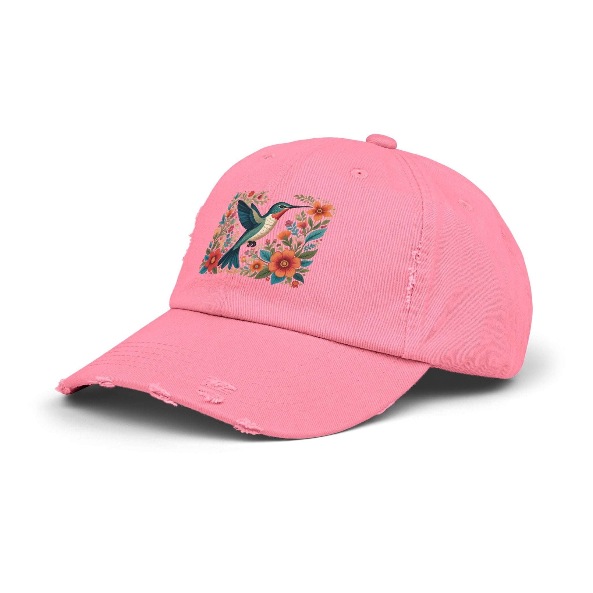 Hummingbird In Bloom Vintage Style Hat - Unisex Distressed Cap
