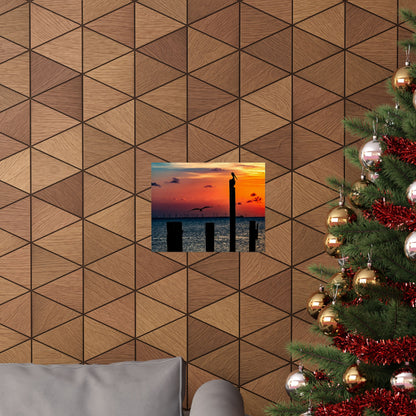 Scenic Matte Horizontal Poster - Serene Sunset with Pelicans and Wind Turbines