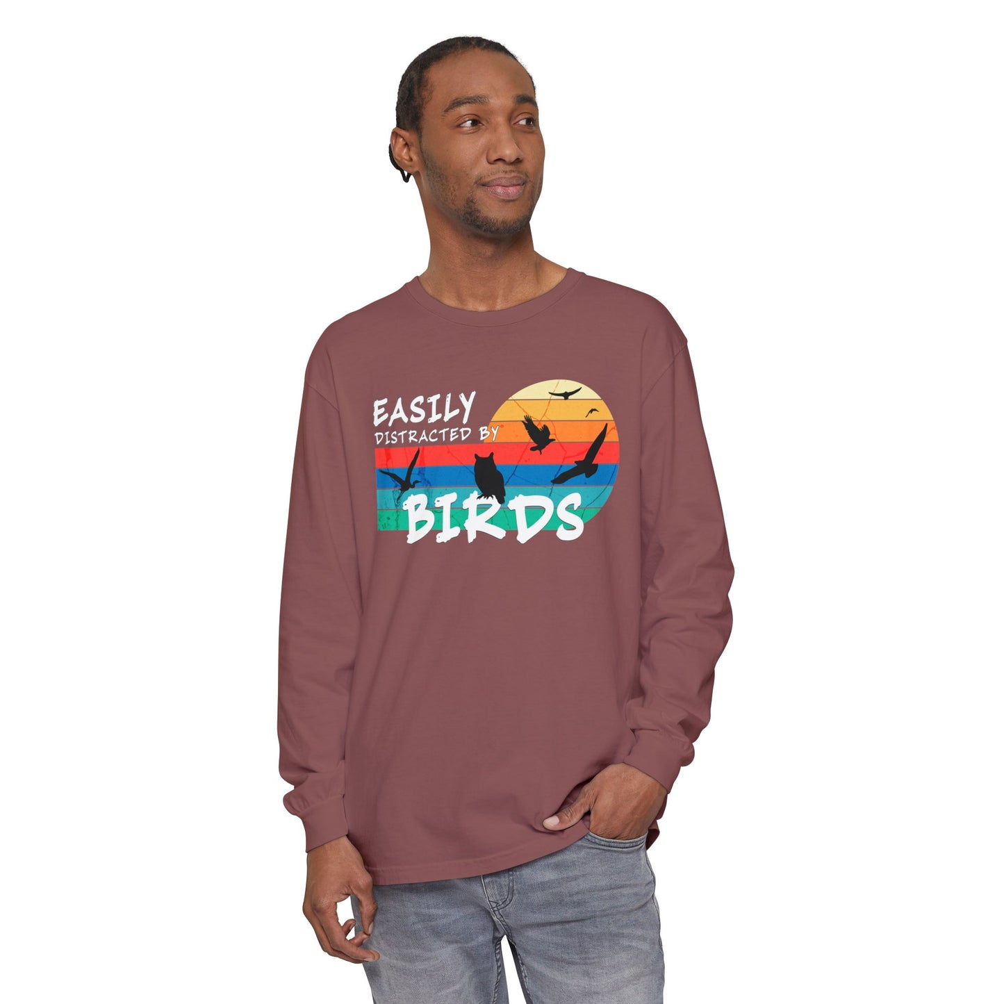 Easily Distracted by Birds Retro Sunset Long Sleeve Tee