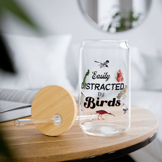 Easily Distracted By Birds 16oz Sipper Glass With Bamboo Lid
