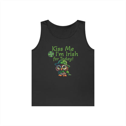 St. Patrick's Day Owl Lover's Unisex Heavy Cotton Tank Top - Fun and Playful 'Kiss Me I'm Irish for Today' Design