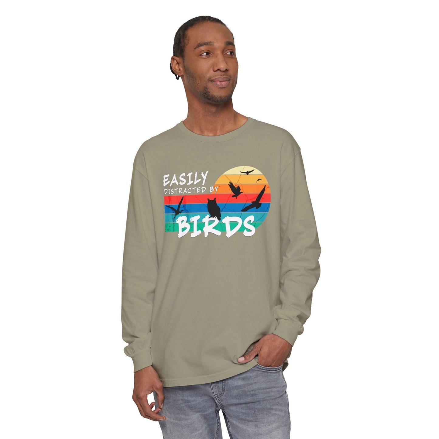 Easily Distracted by Birds Retro Sunset Long Sleeve Tee