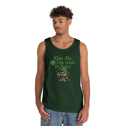 St. Patrick's Day Owl Lover's Unisex Heavy Cotton Tank Top - Fun and Playful 'Kiss Me I'm Irish for Today' Design
