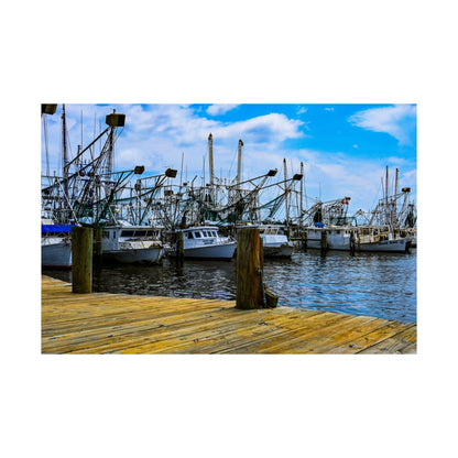 Nautical Matte Horizontal Poster - Serene Harbor Dock Scene with Fishing Boats
