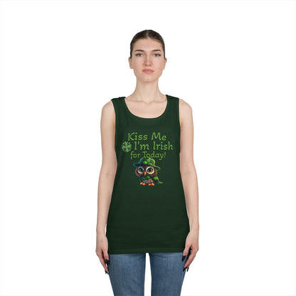 St. Patrick's Day Owl Lover's Unisex Heavy Cotton Tank Top - Fun and Playful 'Kiss Me I'm Irish for Today' Design