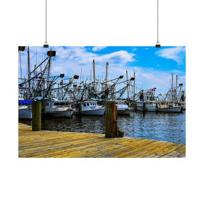 Nautical Matte Horizontal Poster - Serene Harbor Dock Scene with Fishing Boats