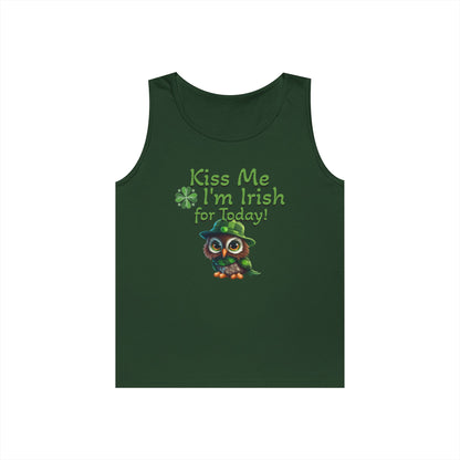 St. Patrick's Day Owl Lover's Unisex Heavy Cotton Tank Top - Fun and Playful 'Kiss Me I'm Irish for Today' Design