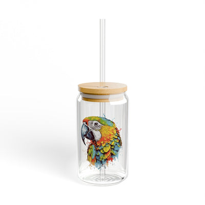 The Nerdy Birder Colorful Parrot 16oz Sipper Glass With Bamboo Lid