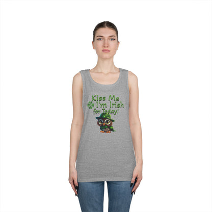 St. Patrick's Day Owl Lover's Unisex Heavy Cotton Tank Top - Fun and Playful 'Kiss Me I'm Irish for Today' Design