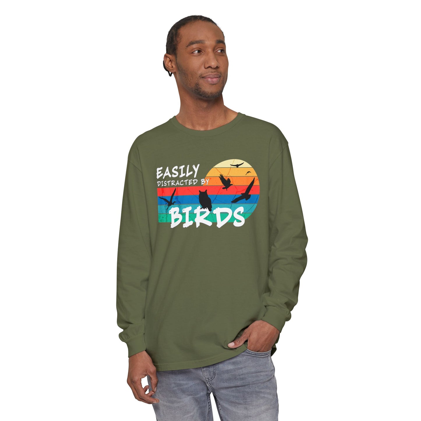 Easily Distracted by Birds Retro Sunset Long Sleeve Tee